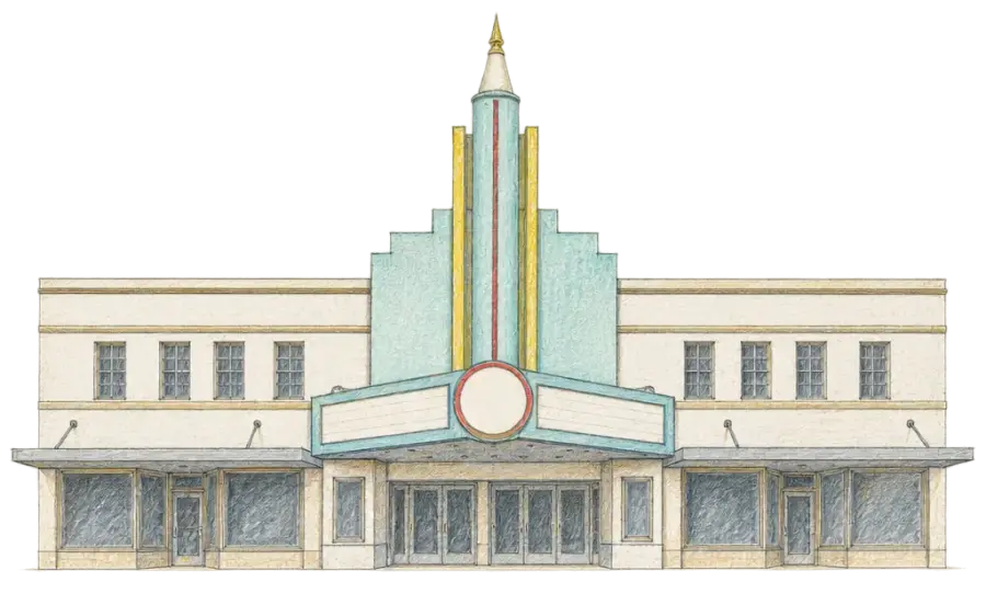 Pencil sketch of a theater's slim aqua pylon tower and angular marquee