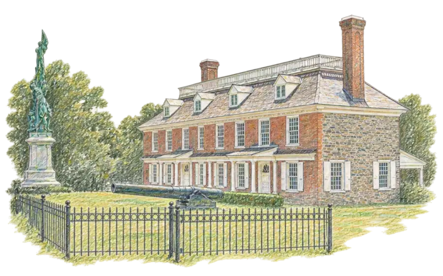 Pencil sketch of a stone and brick Georgian manor with dormers behind a lawn
